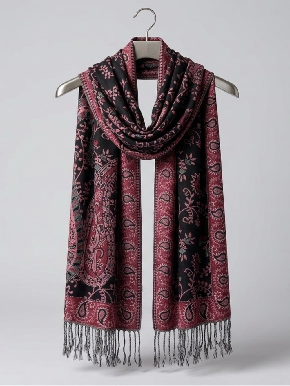 Pashmina Black Burgundy Paisley Print Fringe Shawl Scarf Wrap OS